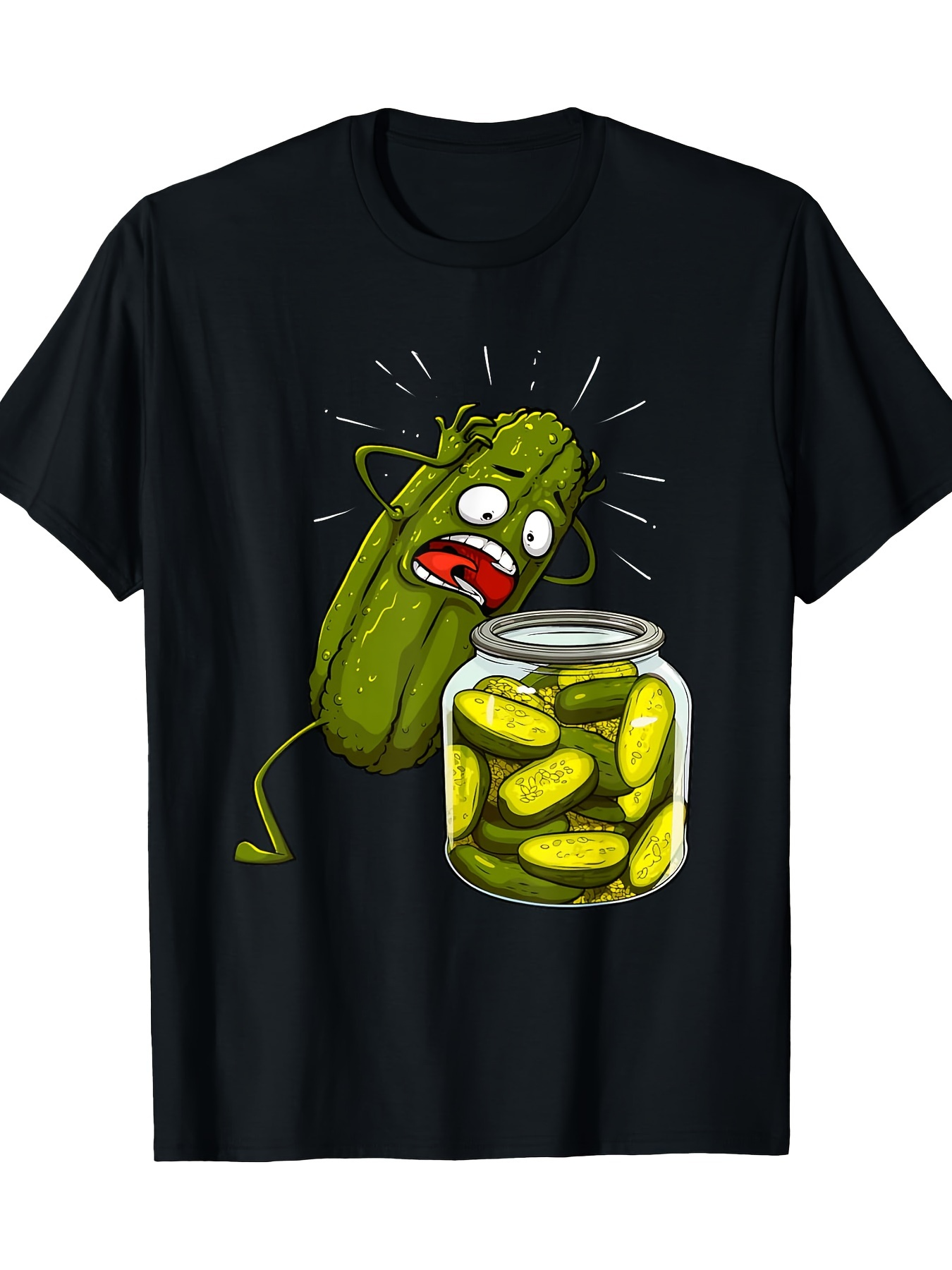 Men's Graphic T-Shirt Animated Scared Pickle With Teeming Bright Pickles In Glass Jar