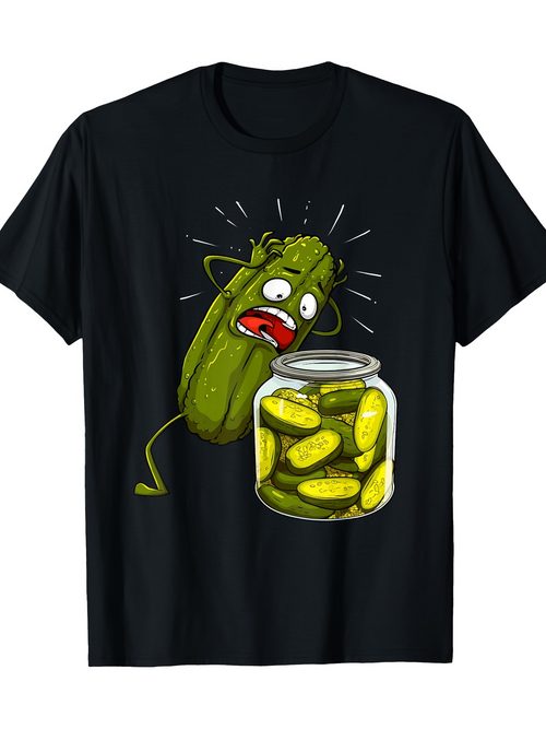 Men's Graphic T-Shirt Animated Scared Pickle With Teeming Bright Pickles In Glass Jar