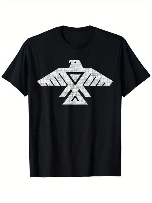 Men's Graphic T-Shirt Weathered Monochrome Lines With Tribal Style Geometric Eagle Graphic