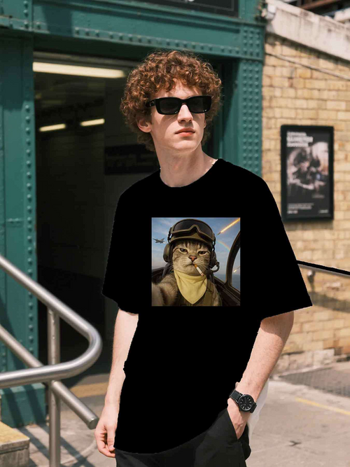 Men's Graphic T-Shirt Vintage Pilot Cat Wearing Goggles Inside Retro Airplane Cockpit