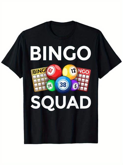Men's Graphic T-Shirt Bingo Squad Colorful Game Balls With Numbered Cards Under Bright Lights Bingo