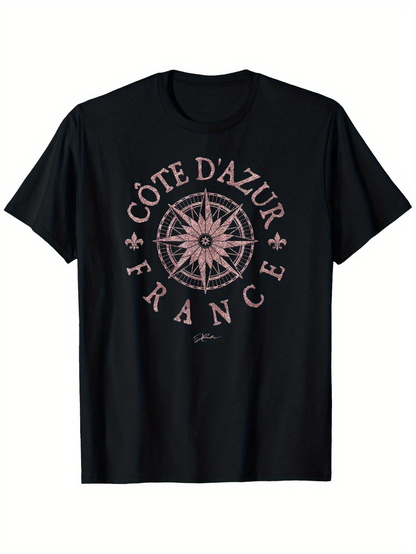 Men's Graphic T-Shirt Cote DAzur France Rose Compass Surrounded By Vintage Travel Elements