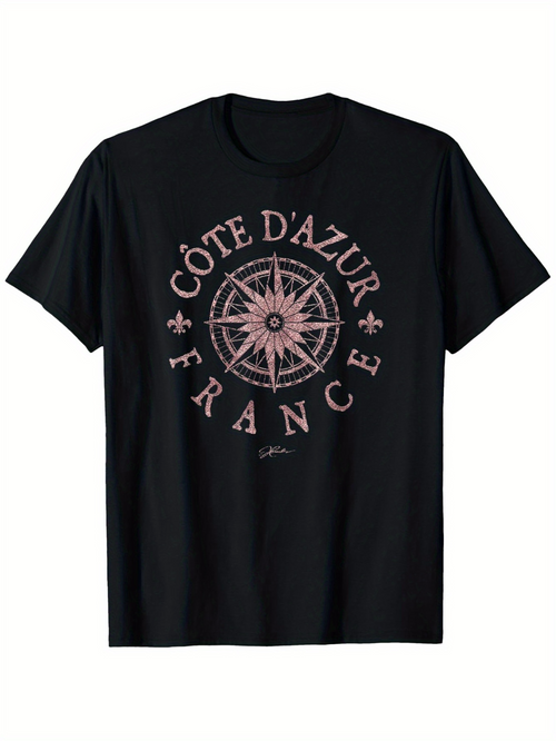 Men's Graphic T-Shirt Cote DAzur France Rose Compass Surrounded By Vintage Travel Elements
