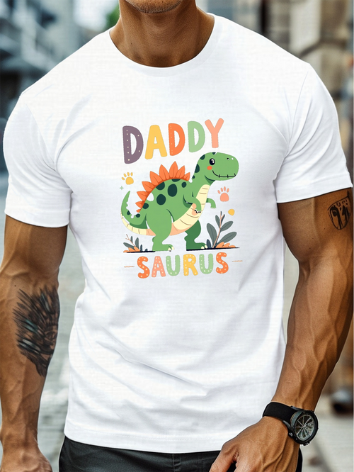 Men's Graphic T-Shirt Playful Cartoon Dinosaur With Colorful Decorative Flowers Saurus