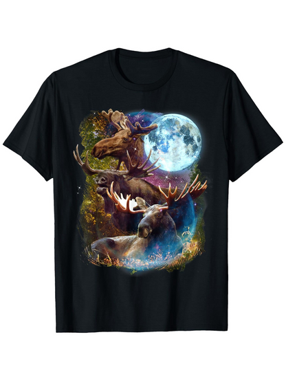Men's Graphic T-Shirt Mysterious Forest Scene With Full Moon Illuminating Powerful Majestic Elk