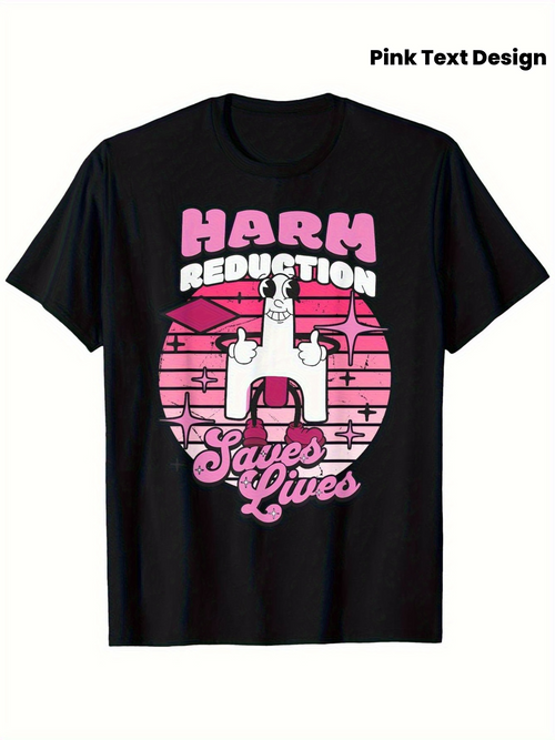 Men's Graphic T-Shirt Harm Reduction Saves Lives Retro Sun Pink Cartoon Cityscape