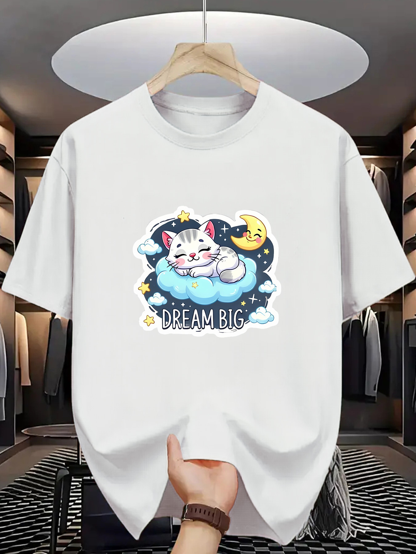 Men's Graphic T-Shirt Dream Big Clouds Stars And Moon Surrounding A Cute Sleeping Cat