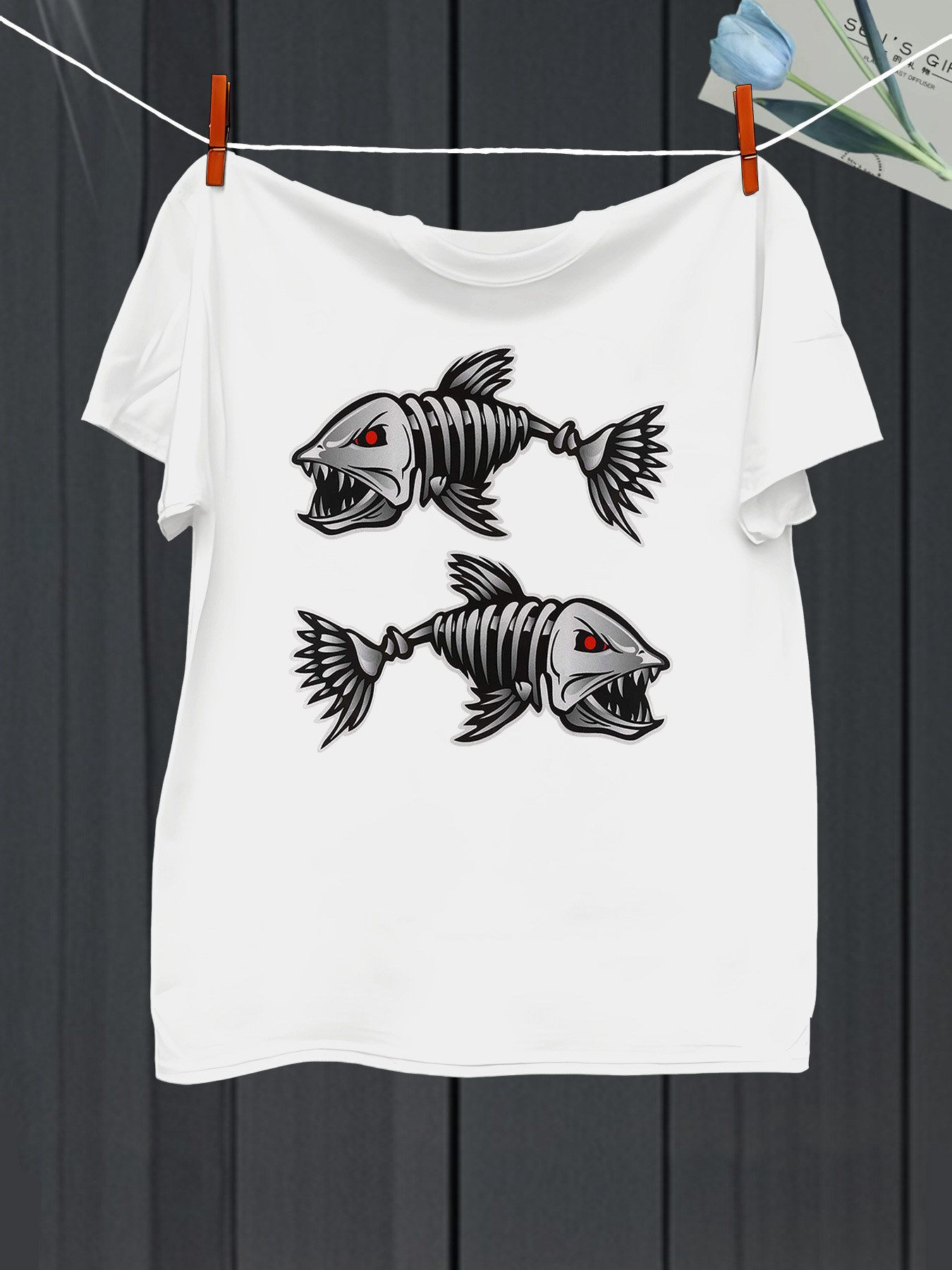 Men's Graphic T-Shirt Aggressive Skeleton Fish With Sharp Fins And Red Eyes Design