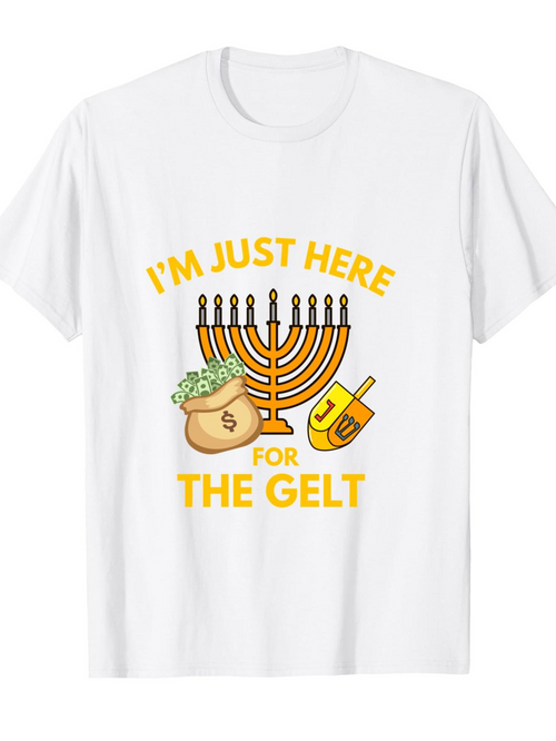 Men's Graphic T-Shirt Im Just Here For The Gelt Festive Hanukkah Money With Menorah Dreidel