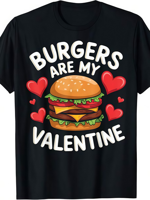 Men's Graphic T-Shirt Burgers Are My Valentine Surrounded By Red Hearts With Cartoon Cheeseburger