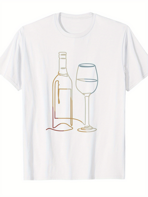 Men's Graphic T-Shirt Minimalist Outline Drawing Of Bottle And Elegant Wine Glass