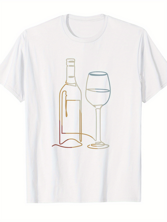 Men's Graphic T-Shirt Minimalist Outline Drawing Of Bottle And Elegant Wine Glass