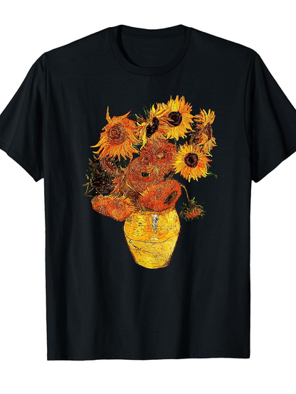 Men's Graphic T-Shirt Golden Sunflowers In A Painterly Vase Centered On Black Shirt Flower