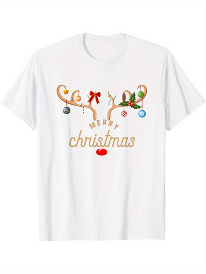 Men's Graphic T-Shirt Merry Christmas Festive Holiday Ornaments Adorning Reindeer Antlers Surrounded By Cheerful Decorations