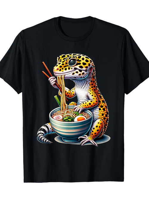 Men's Graphic T-Shirt Colorful Gecko Slurping Ramen With Steaming Broth By Noodles Bowl