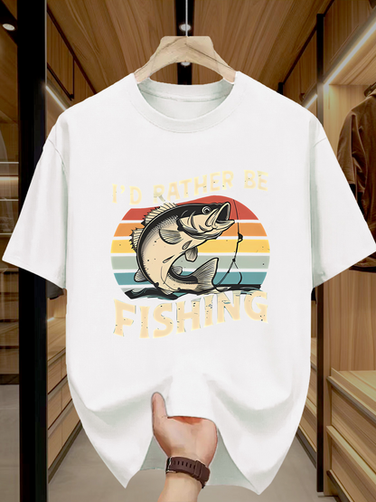 Men's Graphic T-Shirt Rather Be Fishing Vintage Rainbow With Leaping Cartoon Fish