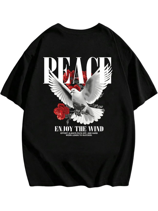 Men's Graphic T-Shirt Peaceful Spirit With Red Roses And Flying White Dove