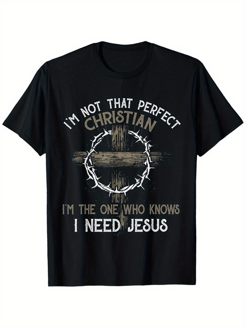 Men's Graphic T-Shirt Im Not That Perfect Christian Print With Crown Of Thorns On Wooden Cross Jesus