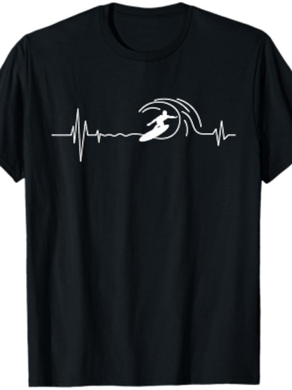 Men's Graphic T-Shirt Minimalist Heartbeat Waves With Surfer Riding Ocean Wave