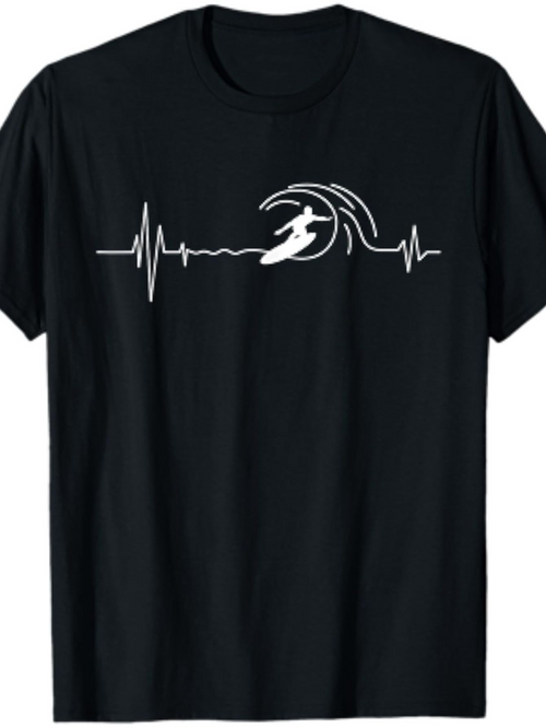 Men's Graphic T-Shirt Minimalist Heartbeat Waves With Surfer Riding Ocean Wave