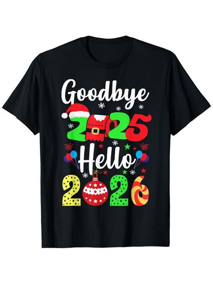 Men's Graphic T-Shirt Goodbye 2025 Hello Colorful Festive Ornaments With Playful Candy Cane Numbers