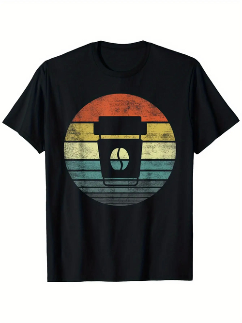 Men's Graphic T-Shirt Retro Color Stripes With Minimalist Silhouette Sunrise Coffee Cup