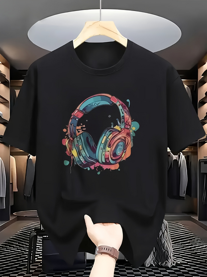 Men's Graphic T-Shirt Colorful Splash Paint With Bold Artistic Headphones