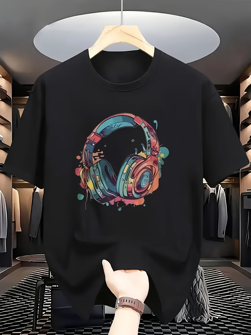 Men's Graphic T-Shirt Colorful Splash Paint With Bold Artistic Headphones