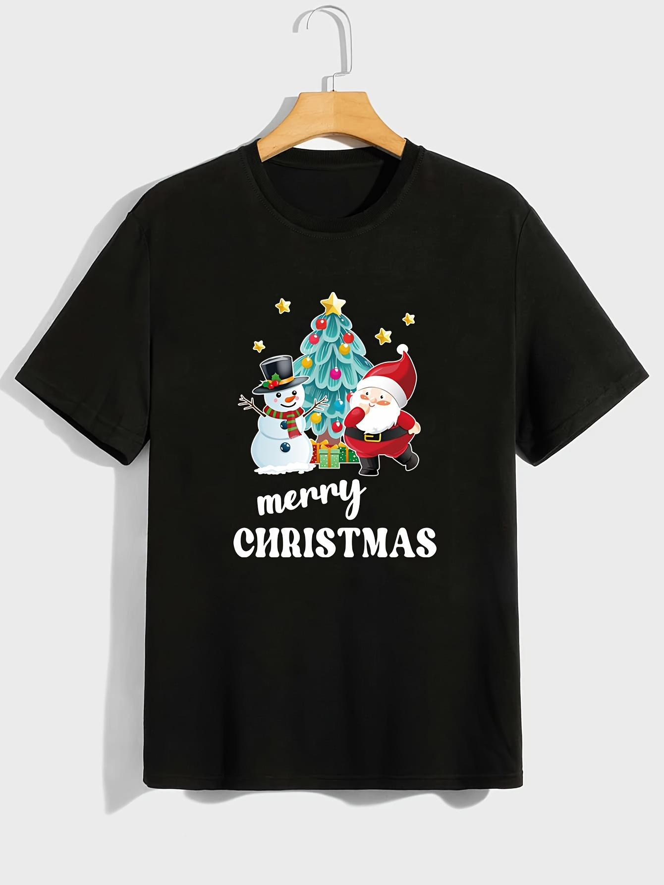 Men's Graphic T-Shirt Merry Christmas With Santa Snowman And Christmas Tree