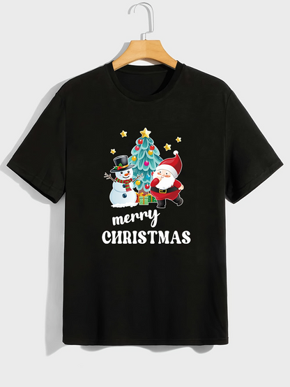 Men's Graphic T-Shirt Merry Christmas With Santa Snowman And Christmas Tree