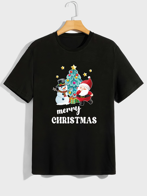 Men's Graphic T-Shirt Merry Christmas With Santa Snowman And Christmas Tree