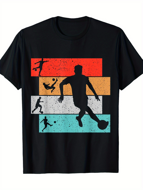 Men's Graphic T-Shirt Vintage Stripes With Silhouetted Football Players And Kicking Action Soccer
