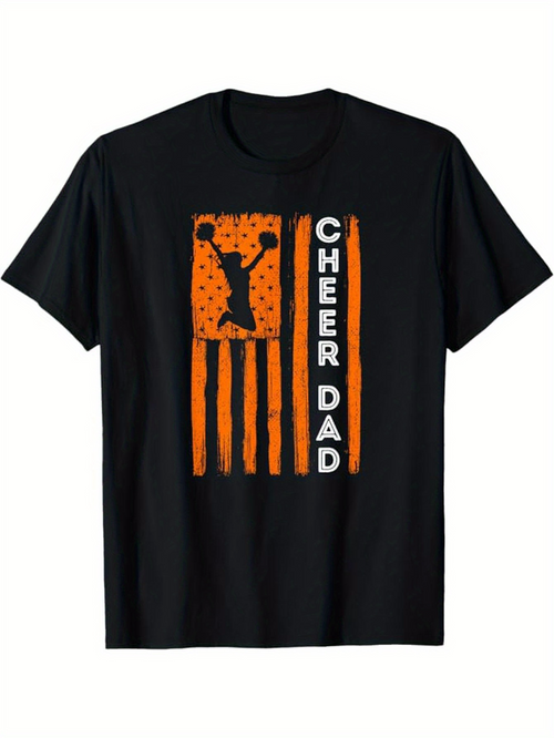Men's Graphic T-Shirt Cheer Dad Vertical Lettering With Orange Flag And Cheerleader Silhouette T Shirt