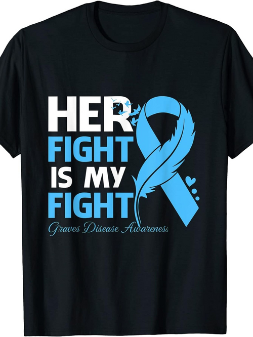 Men's Graphic T-Shirt Her Fight Is My Fight Blue Awareness Ribbon With Feather And Hearts