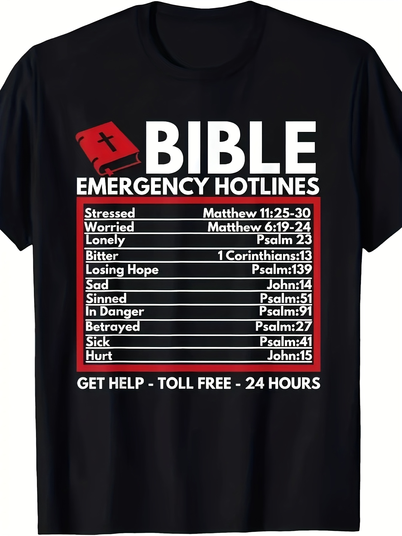 Men's Graphic T-Shirt Bible Emergency Hotlines Call List With Holy Book Illustration