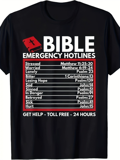 Men's Graphic T-Shirt Bible Emergency Hotlines Call List With Holy Book Illustration