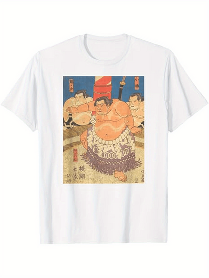 Men's Graphic T-Shirt Traditional Ukiyoe Style With Sumo Wrestlers Under Blue Sky