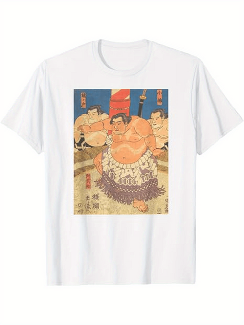 Men's Graphic T-Shirt Traditional Ukiyoe Style With Sumo Wrestlers Under Blue Sky