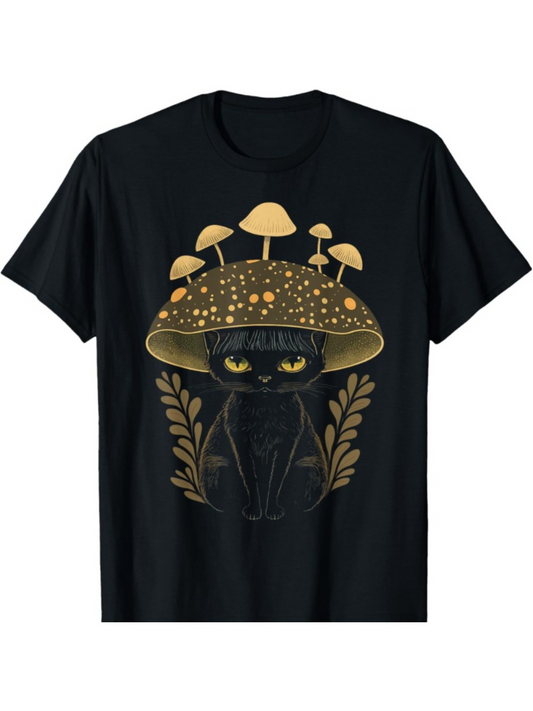 Men's Graphic T-Shirt Enchanted Golden Mushrooms Growing Above Midnight Black Cat