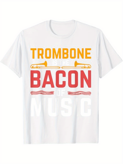 Men's Graphic T-Shirt Trombone Bacon With Musical Notes Printed White Shirt