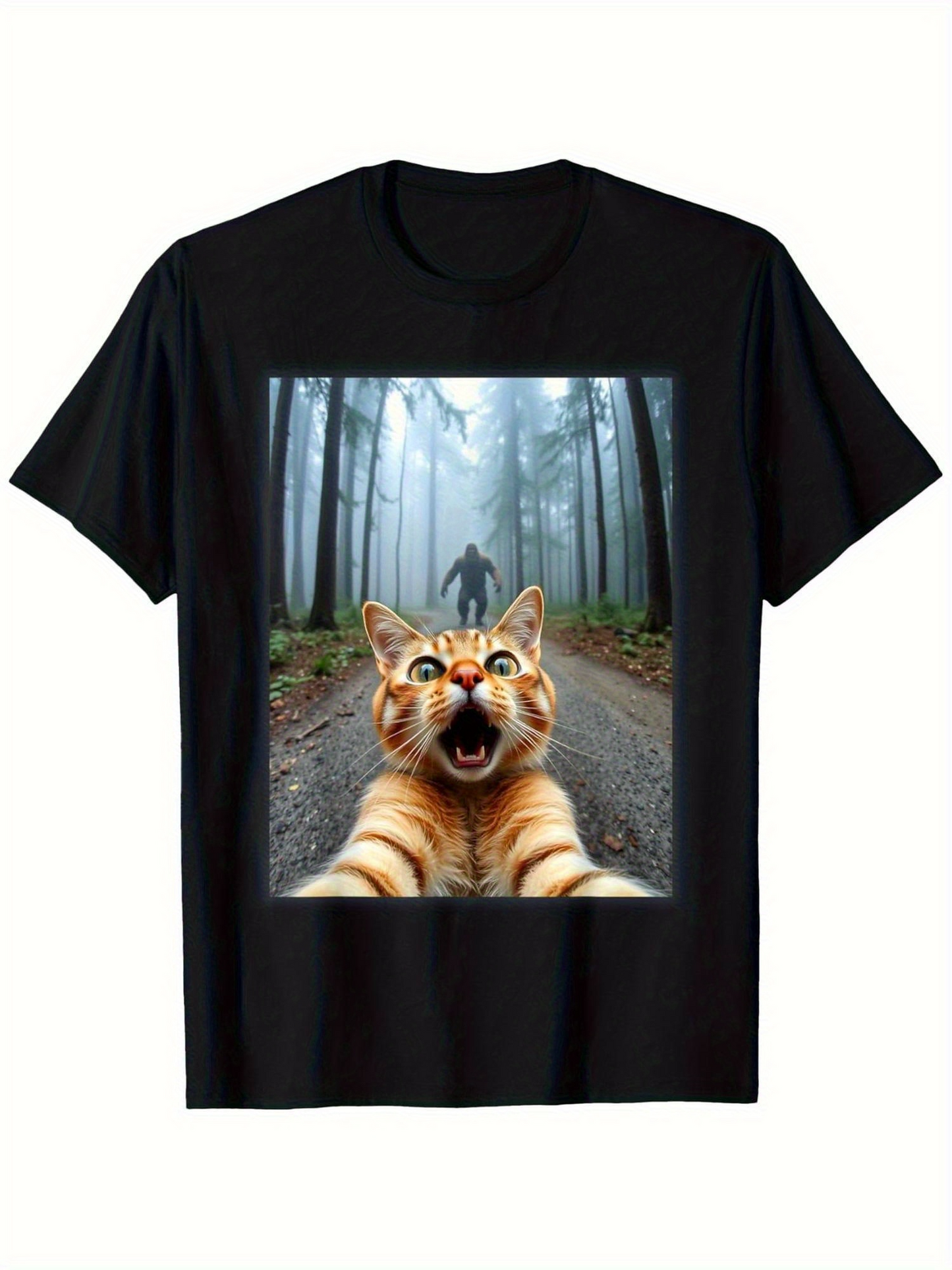 Men's Graphic T-Shirt Excited Orange Tabby Cat Running In Misty Forest Selfie Style