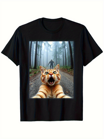 Men's Graphic T-Shirt Excited Orange Tabby Cat Running In Misty Forest Selfie Style