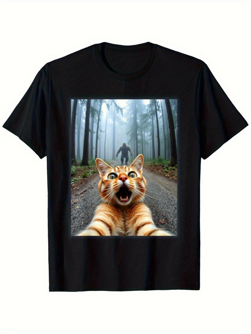 Men's Graphic T-Shirt Excited Orange Tabby Cat Running In Misty Forest Selfie Style