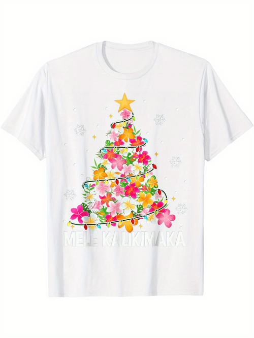 Men's Graphic T-Shirt Merry Christmas Colorful Flowers Forming Festive Holiday Tree With Golden Star Christmas Tree