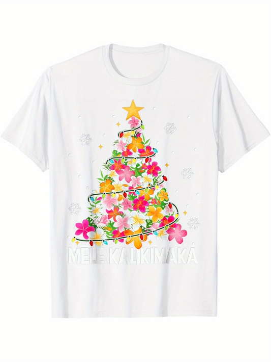 Men's Graphic T-Shirt Merry Christmas Colorful Flowers Forming Festive Holiday Tree With Golden Star Christmas Tree