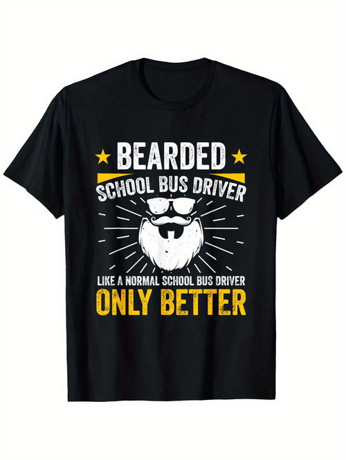 Men's Graphic T-Shirt Bearded School Bus Driver With Sunglasses On A Black Shirt