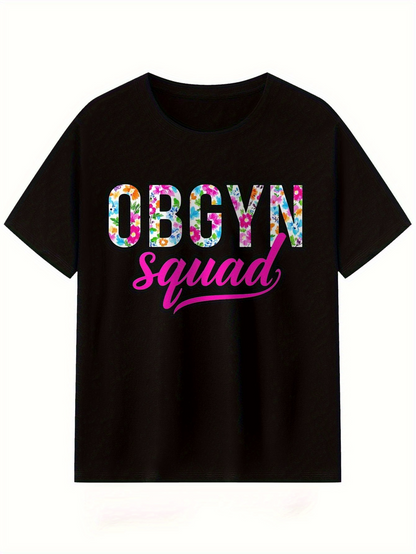 Men's Graphic T-Shirt Obgyn Squad Colorful Floral Letters On Black T Shirt