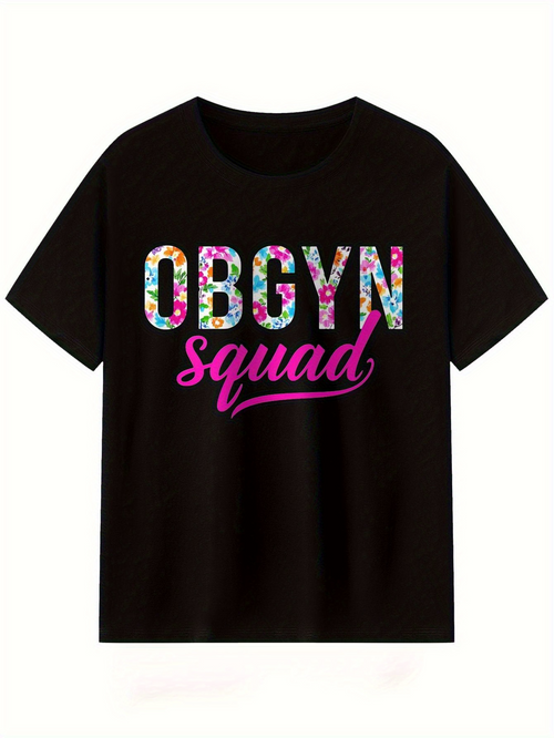 Men's Graphic T-Shirt Obgyn Squad Colorful Floral Letters On Black T Shirt