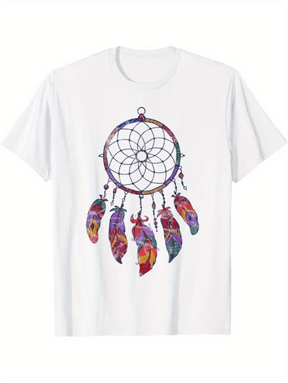 Men's Graphic T-Shirt Colorful Feathers Hanging Below Sacred Ancient Dreamcatcher