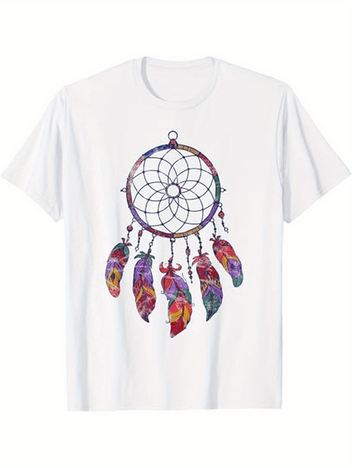 Men's Graphic T-Shirt Colorful Feathers Hanging Below Sacred Ancient Dreamcatcher